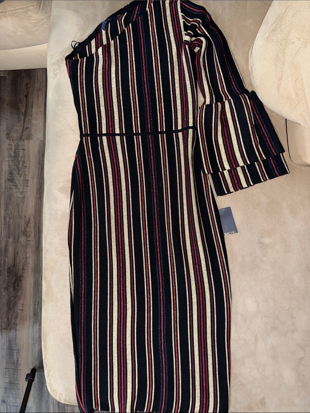 Rachel Roy One-Shoulder Striped Knit Dress in Black, Burgundy, Wine and Gold